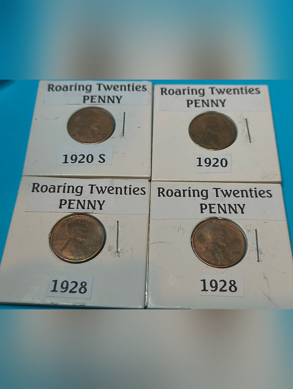 Roaring Twenties Pennies 1920 & 1928. Four Coins F/VF. Collect Century Old